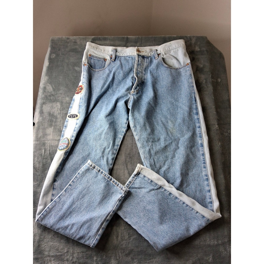 Pepe Jeans London Vintage 90s Two Tone‎ Side Stripe Patch Denim Jeans Blue 36x31